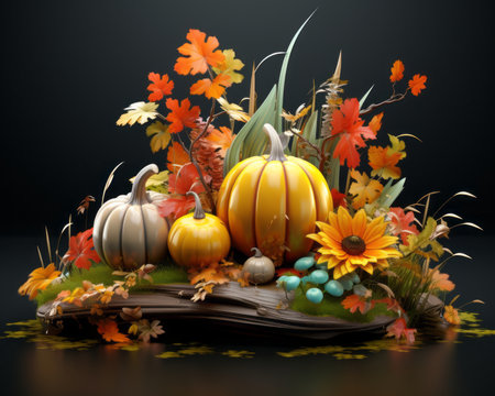3d illustration of autumn flowers and pumpkins on a black backgroundの素材