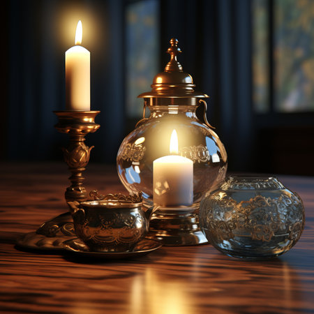 3d render of a candle on a table next to a glass vaseの素材