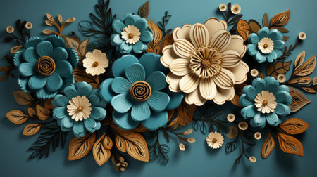 3d paper cut flowers on a blue backgroundの素材