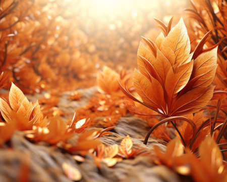 3d rendering of autumn leaves on the groundの素材