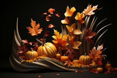 3d rendering of pumpkins and leaves on a black backgroundの素材