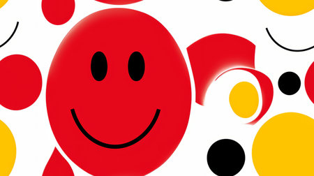 a red smiley face surrounded by black and white polka dotsの素材