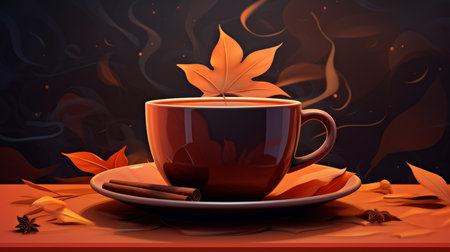 a cup of coffee with autumn leaves on the saucerの素材