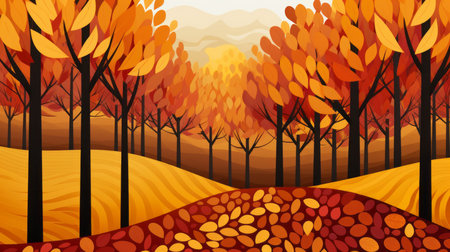 an abstract painting of an autumn forest with treesの素材