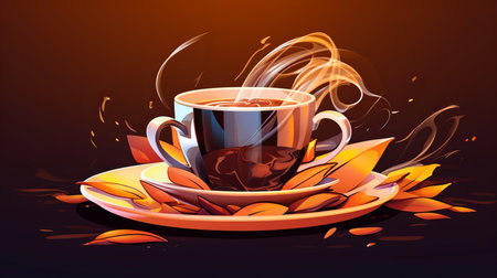 an illustration of a cup of coffee on a saucer surrounded by leavesの素材