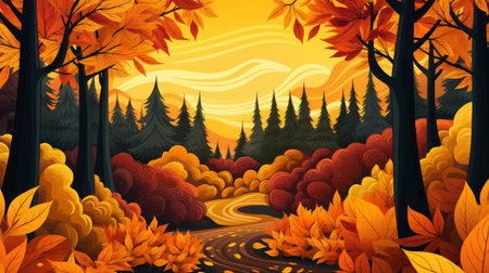 an illustration of an autumn forest sceneの素材
