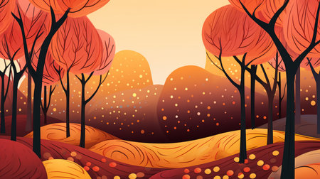 an illustration of an autumn forest with trees and leavesの素材
