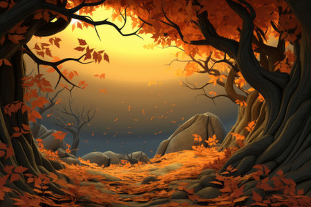 an illustration of an autumn forest with trees and rocksの素材