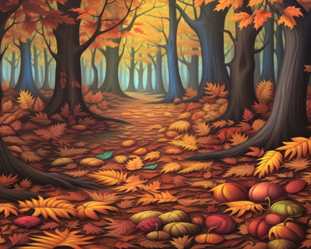 an illustration of an autumn forest with leaves and pumpkinsの素材