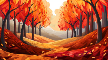 an illustration of an autumn forest with trees and leavesの素材