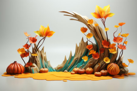 autumn scene with pumpkins and leavesの素材