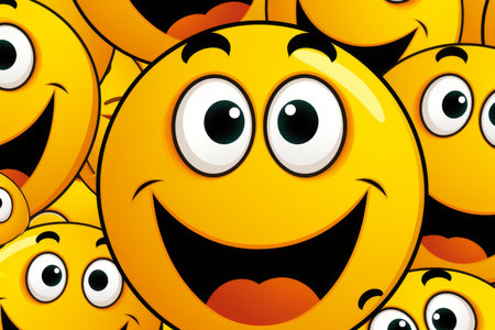 many smiling yellow emoticions are grouped togetherの素材