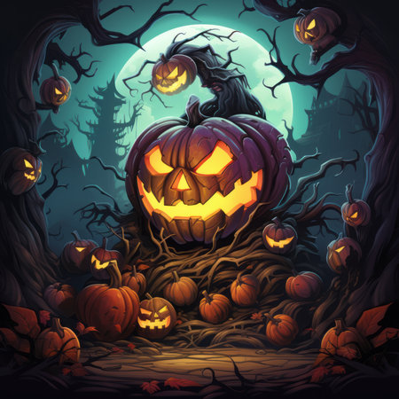 illustration of halloween pumpkins in the forest at nightの素材