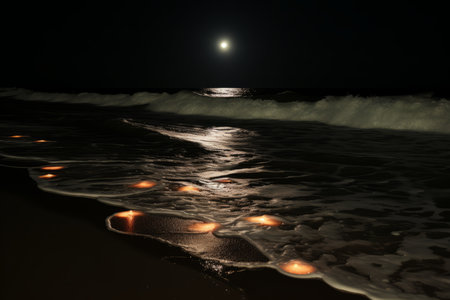 a beach at night with candles lit on the sandの素材