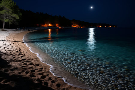 a beach at night with a full moon shining over itの素材