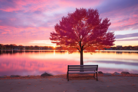 a bench sitting next to a tree in front of a lakeの素材