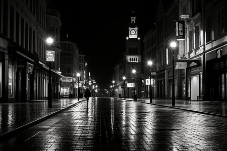 a black and white photo of a city street at nightの素材