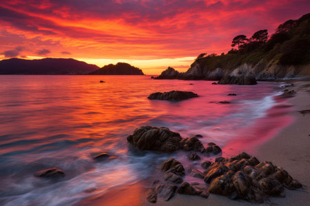 a beautiful sunset over the ocean with rocks on the beachの素材