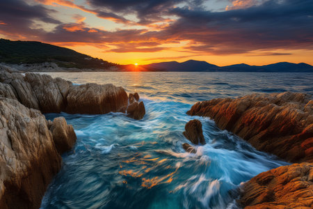 a beautiful sunset over the ocean with rocks in the foregroundの素材