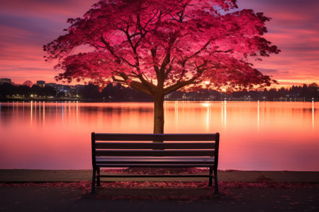 a bench sits in front of a pink tree at sunsetの素材