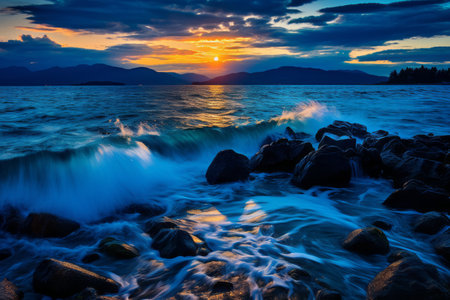 a beautiful sunset over the ocean with rocks and waterの素材