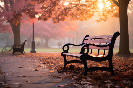 a bench sits in the middle of a park in the fallの素材