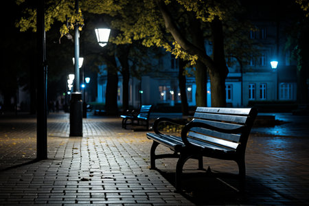 a bench sitting on a brick walkway at nightの素材