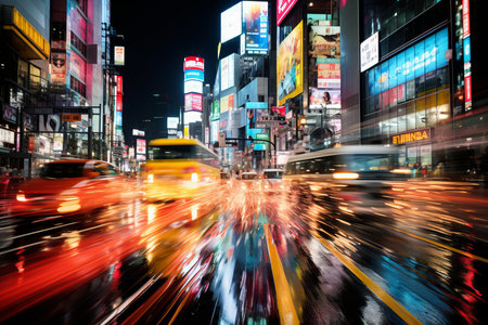 a busy city street at night with traffic lights and neon signsの素材
