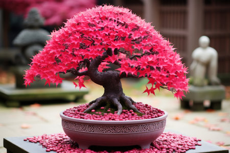 a bonsai tree in a pot with pink leavesの素材