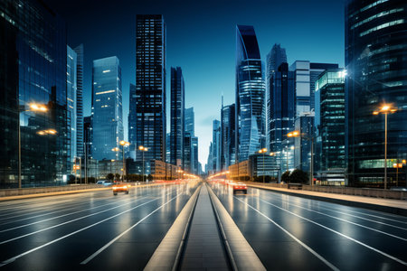 a city street at night with cars driving on itの素材