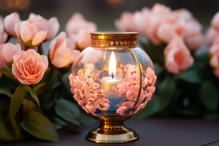 a candle is lit in a glass vase with pink flowersの素材
