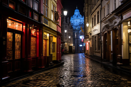 a cobblestone street at nightの素材