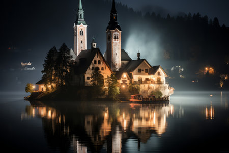 a church on an island in the middle of a lake at nightの素材