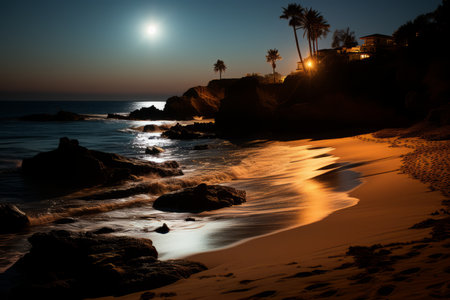 a beach at night with a full moon and palm treesの素材