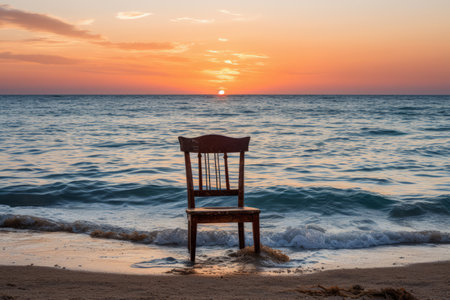 a chair sitting on the beach at sunsetの素材