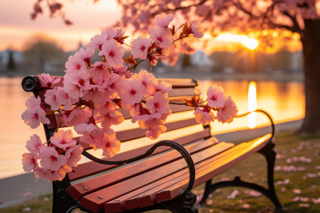 a bench with pink blossoms in front of a body of waterの素材