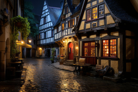 a cobblestone street at nightの素材