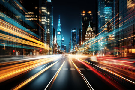 a city street at night with motion blurの素材