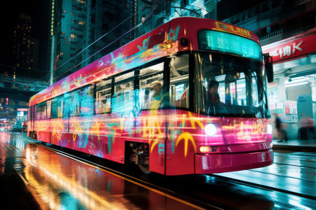 a colorful bus on the street at nightの素材