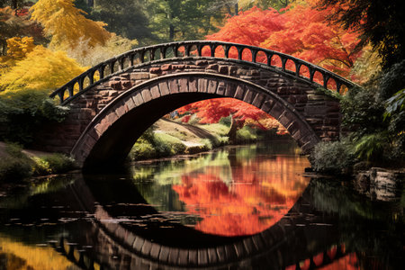 a bridge over a pond surrounded by autumn treesの素材