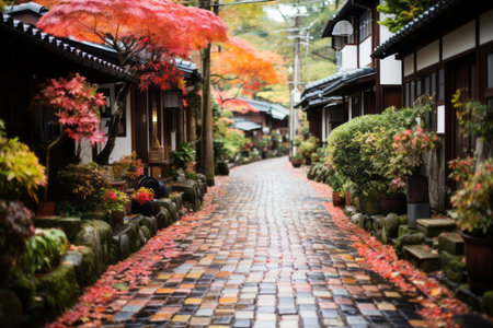 a cobblestone street lined with colorful autumn leavesの素材