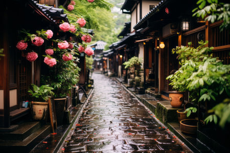 a cobblestone street lined with pink flowers in japanの素材
