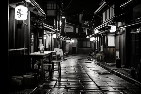 a black and white photo of a narrow street at nightの素材