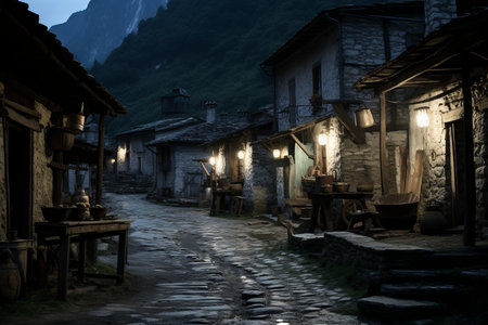a cobblestone street in the middle of a village at nightの素材
