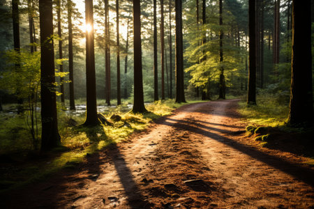 a dirt road in the middle of a forest with the sun shining through the treesの素材