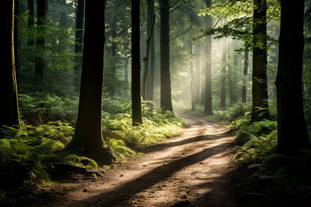 a dirt path in the middle of a forest with sunlight shining through the treesの素材