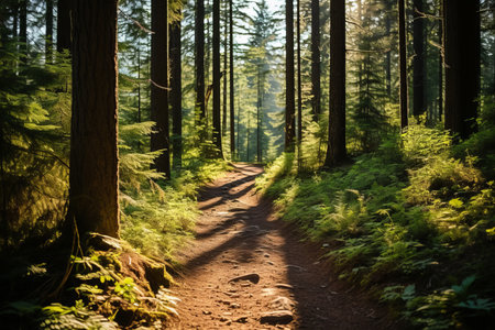 a dirt path in a forest with sunlight shining through the treesの素材
