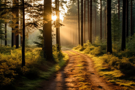 a dirt road in the middle of a forest at sunriseの素材