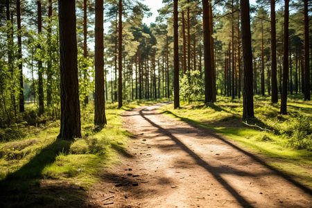 a dirt road in the middle of a pine forestの素材