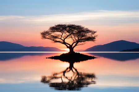 a lone tree in the middle of a lake at sunsetの素材